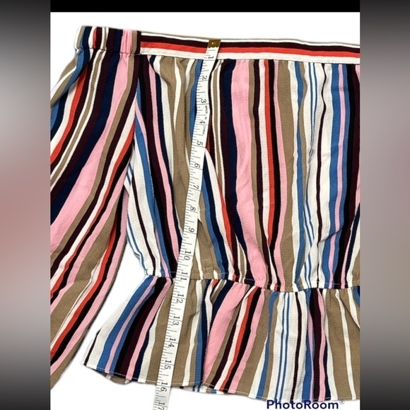 Lulu’s Off the Shoulder, Peplum Ruffled Cuff Bow Tie Cuffs Striped Top - Picture 10 of 13